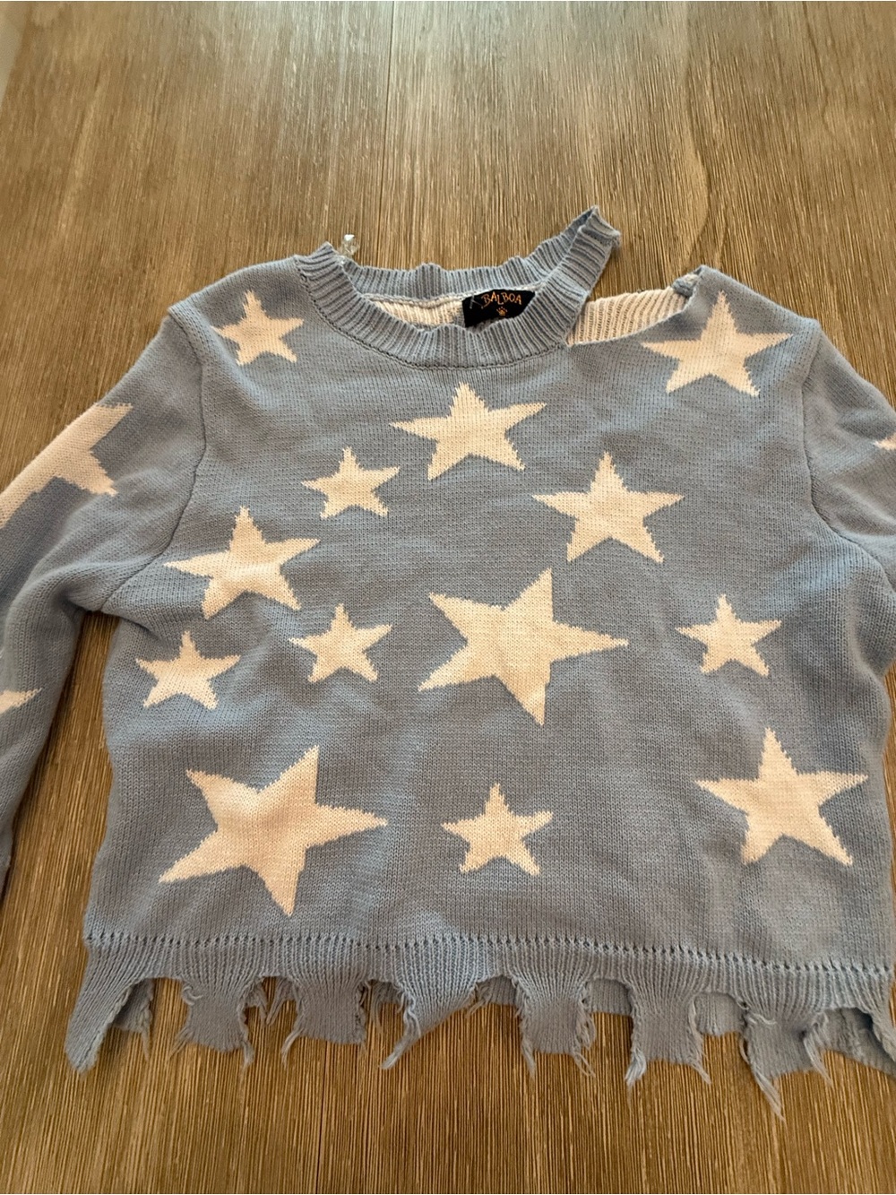 Distressed Off-the-Shoulder Sky Blue Star Sweater